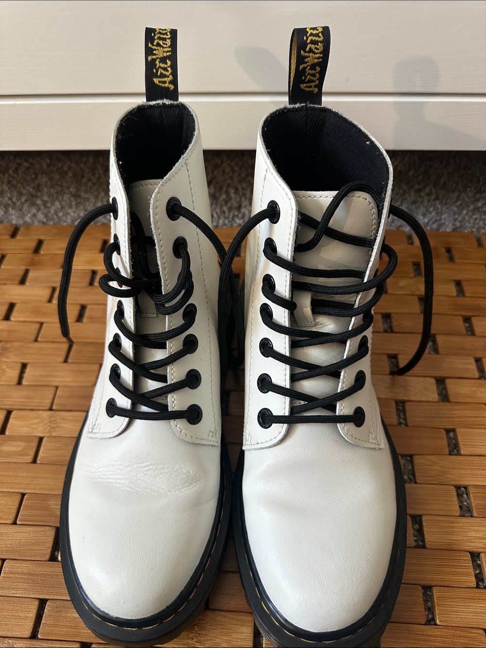 Dr. Martens White Leather Lace-Up Combat Boots with Black Accents